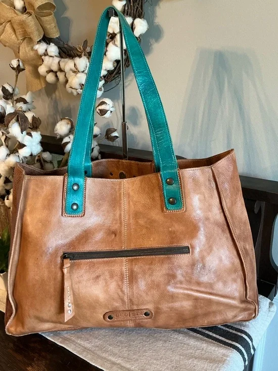 NWOT Bed Stu Leather Arlington Tan Rustic Teal DD Tote Shoulder Bag Retail $365 - Picture 4 of 13